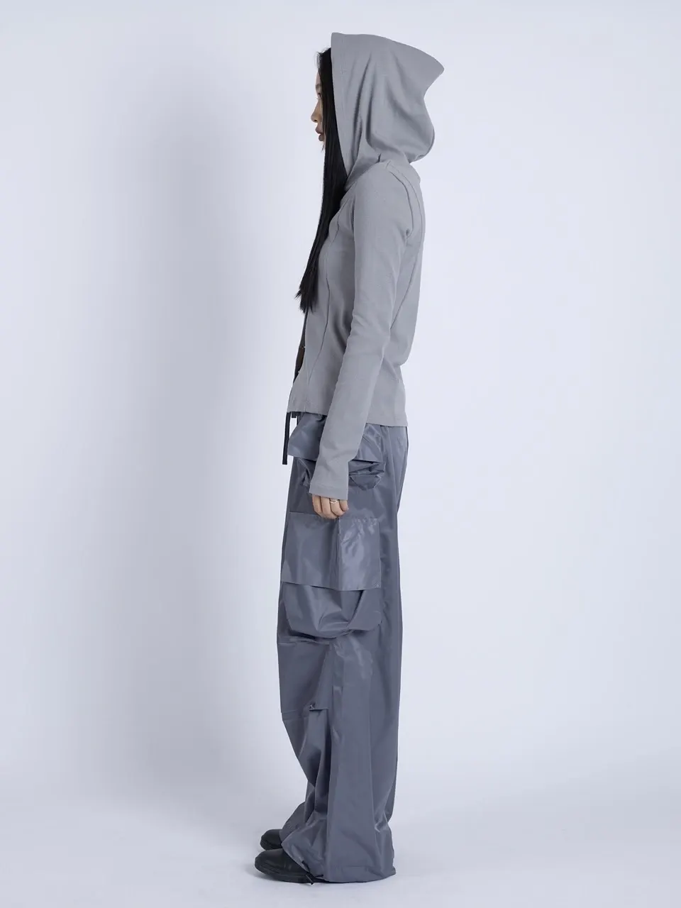 サテン マルチポケット カーゴパンツ - Gray - 39Fashion