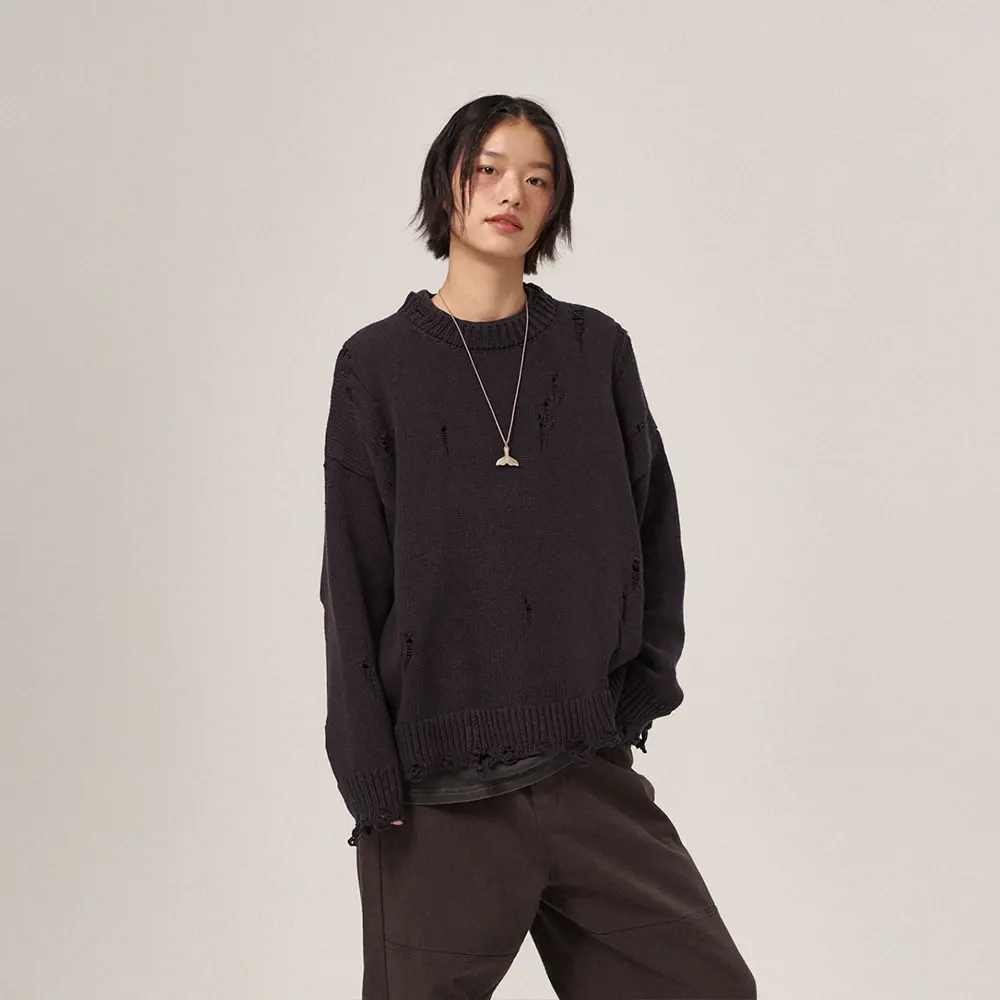 Ripsy Vintage Damaged Round Knit Dark Navy
