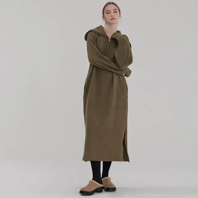 RIBBED HALF ZIP-UP KNIT ONEPIECE KHAKI