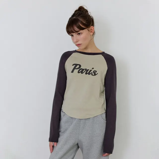 パリレタリングラグランロングスリーブTシャツ - Charcoal
