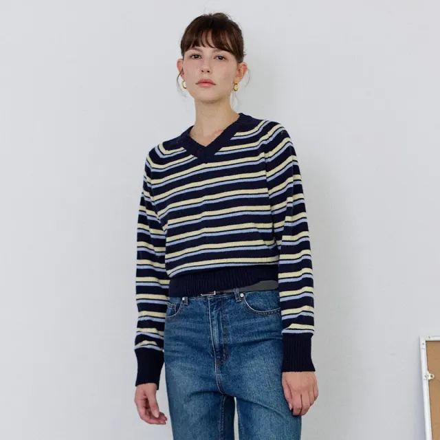 カシミヤブレンドVネックニット - Stripe navy