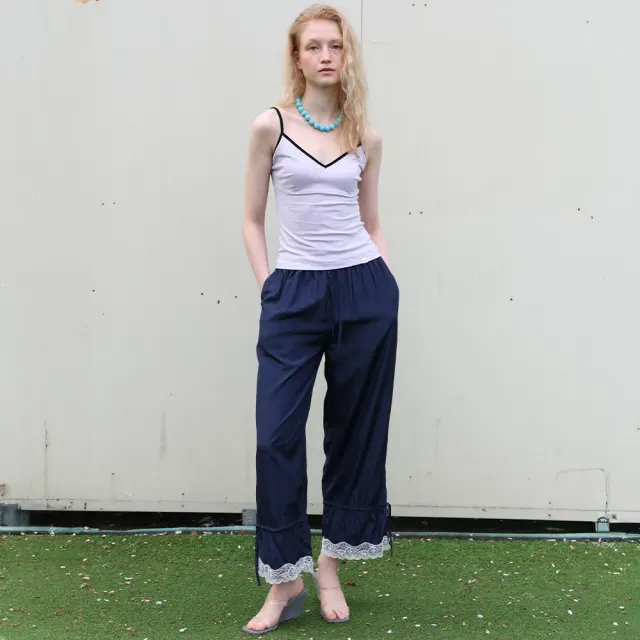 Lace Drawstring Two-way Pants - Navy
