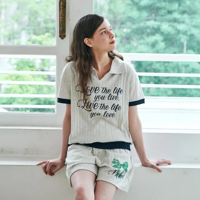 MET summer knit collar T-shirt Oatmeal
