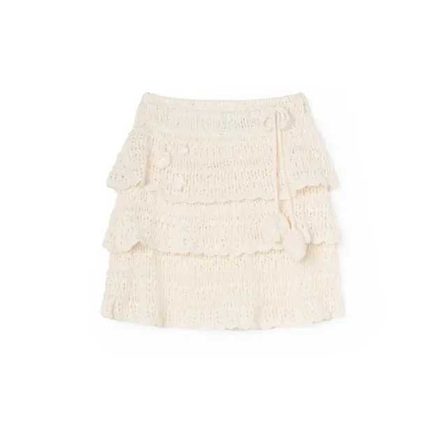 Pom Pom Flower Tiered Knit Skirt (Cream)