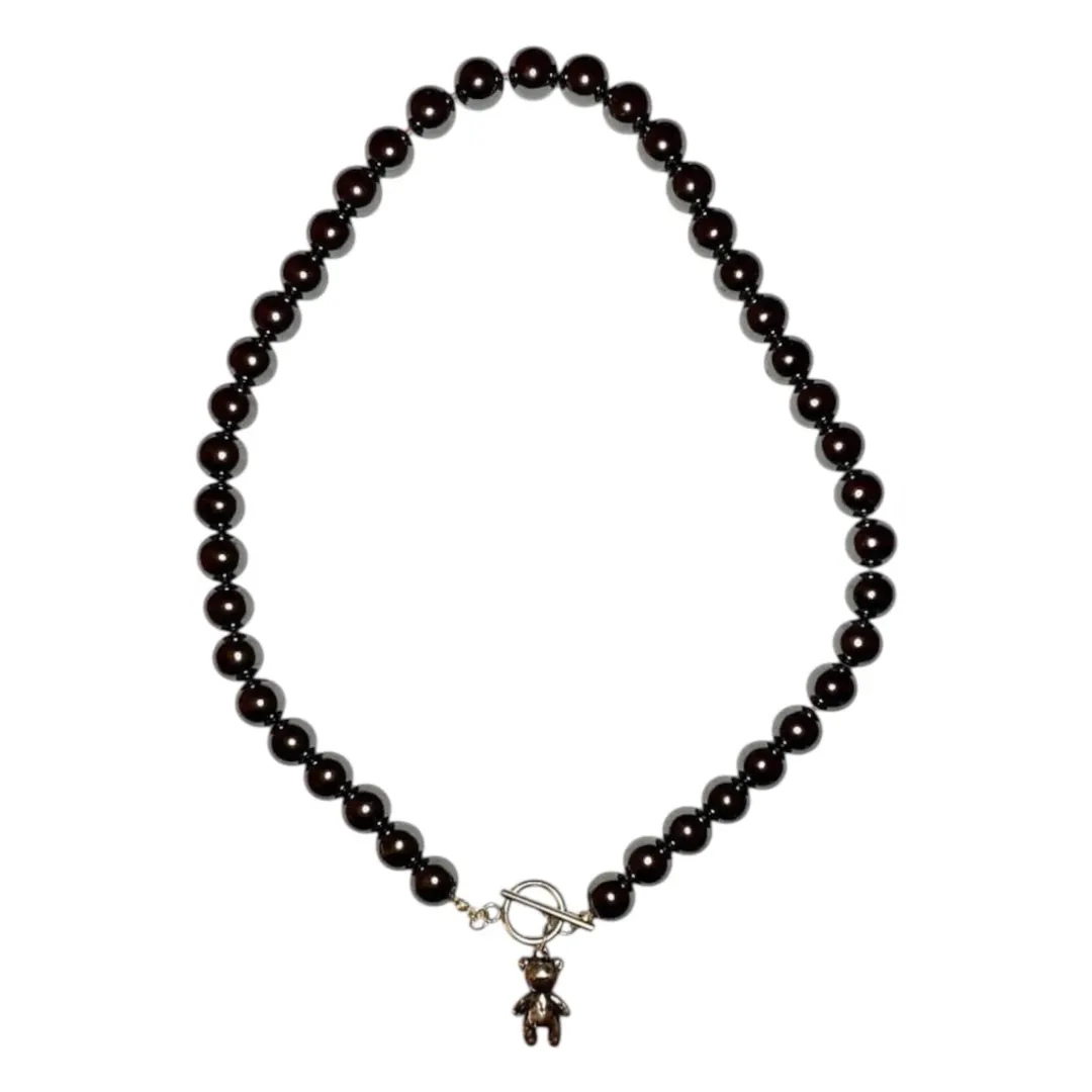 Black Stone Bear Necklace (Silver Chain)