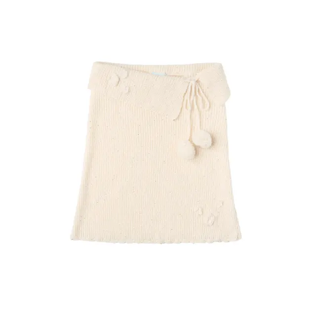Pom Pom Flower Knit Poncho (Cream)