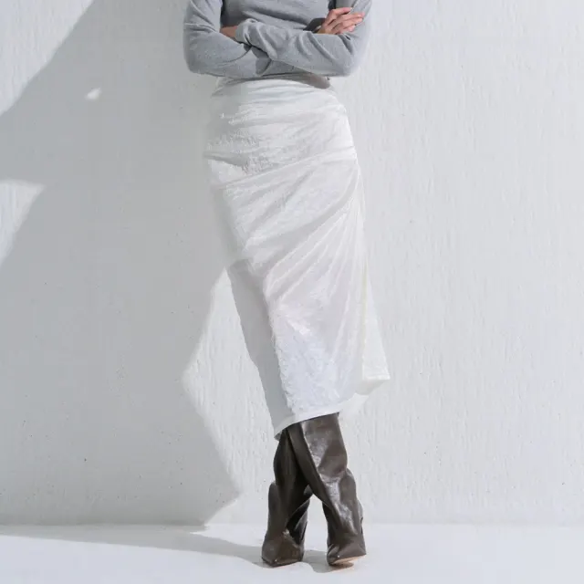 PIN TUCK SILK LONG SKIRT WHITE