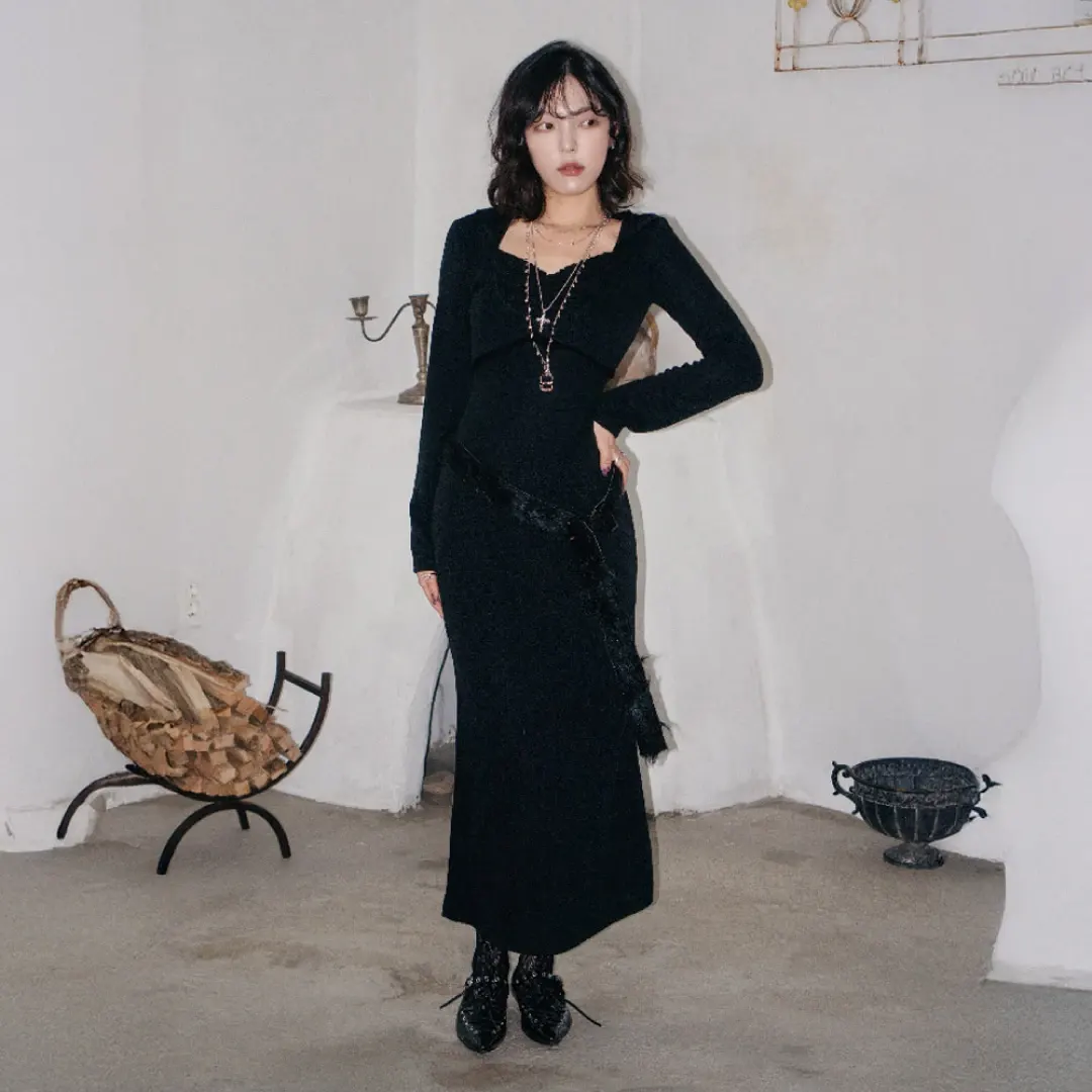 Lace hoodie dress(Black)