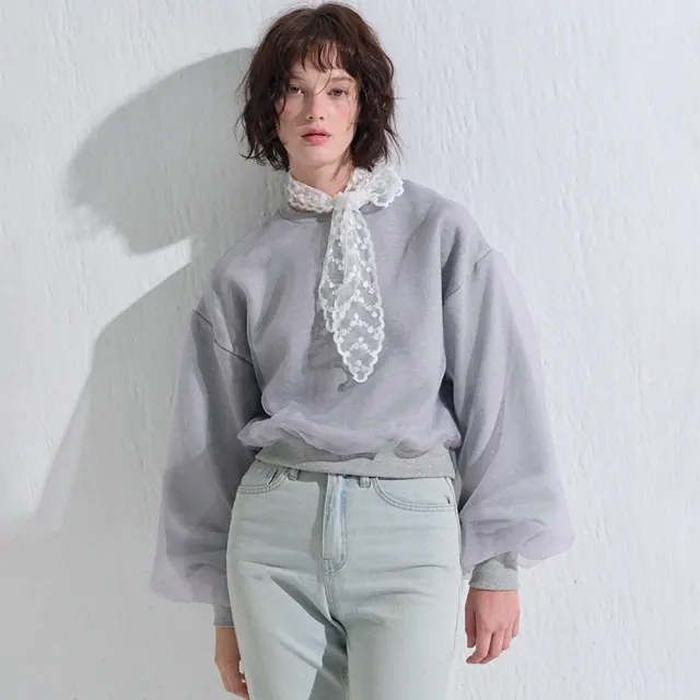 ORGANZA SHIRRING SWEATSHIRT GRAY