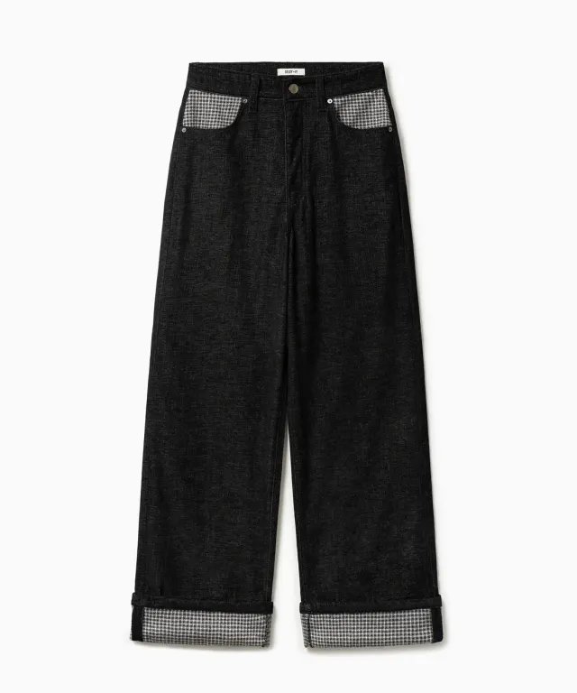 PEACH SKIN CHECK ROLL UP PANTS BLACK