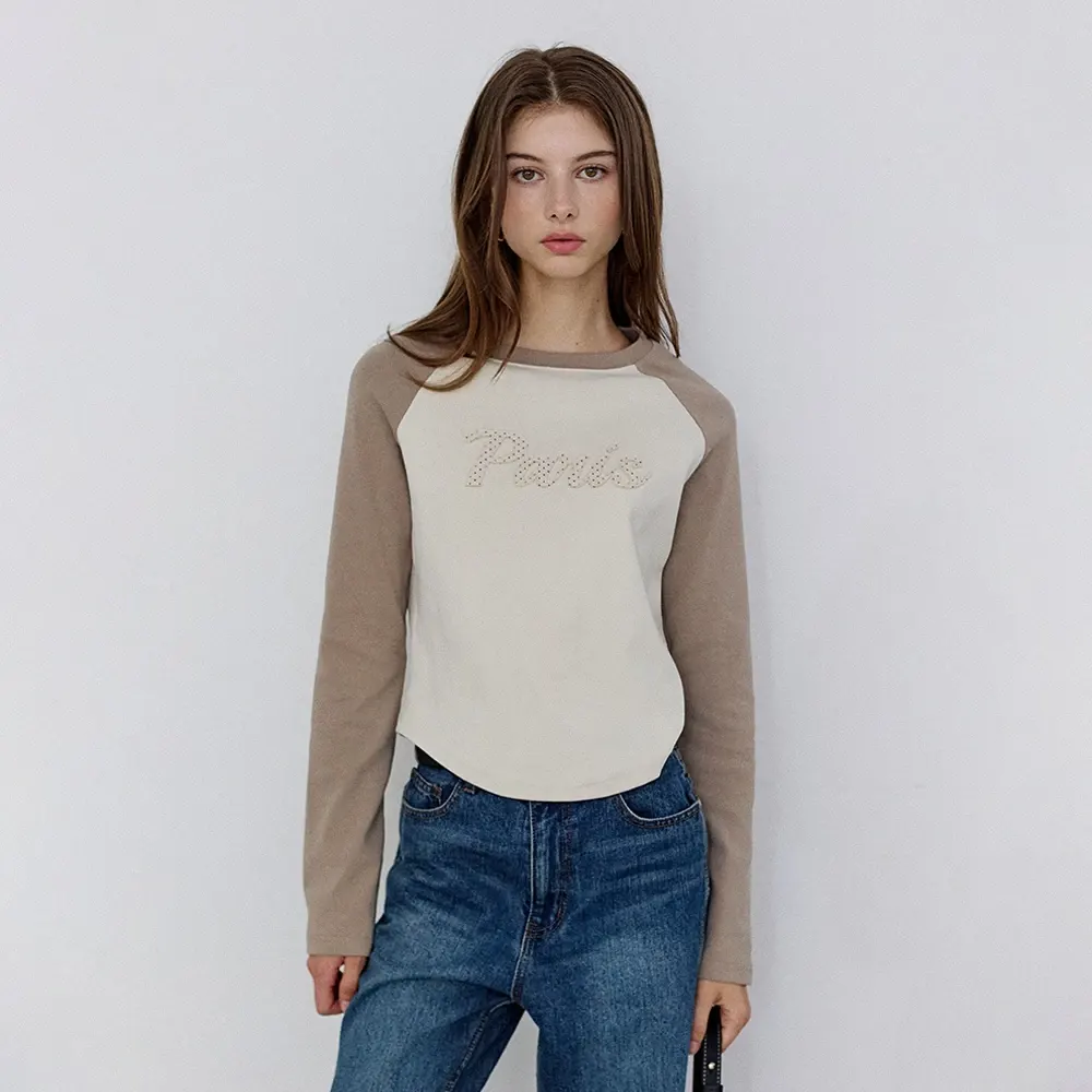 パリレタリングラグランロングスリーブTシャツ - Mocha beige
