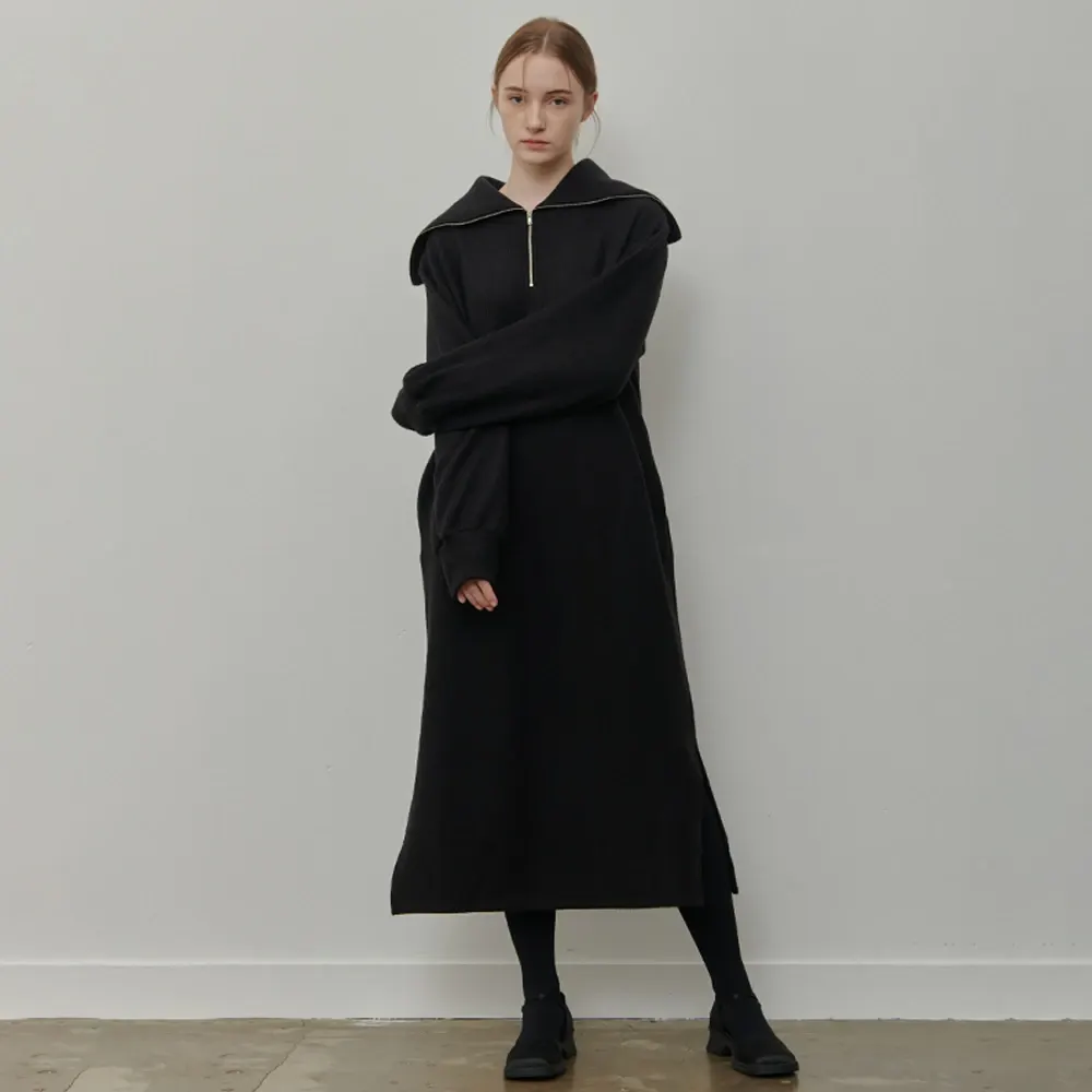 RIBBED HALF ZIP-UP KNIT ONEPIECE BLACK