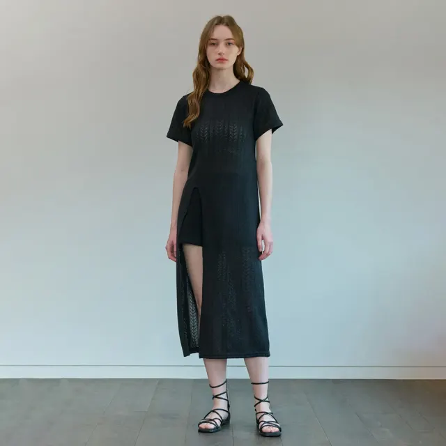 SLIT SUMMER LACE LONG KNIT ONE PIECE BLACK