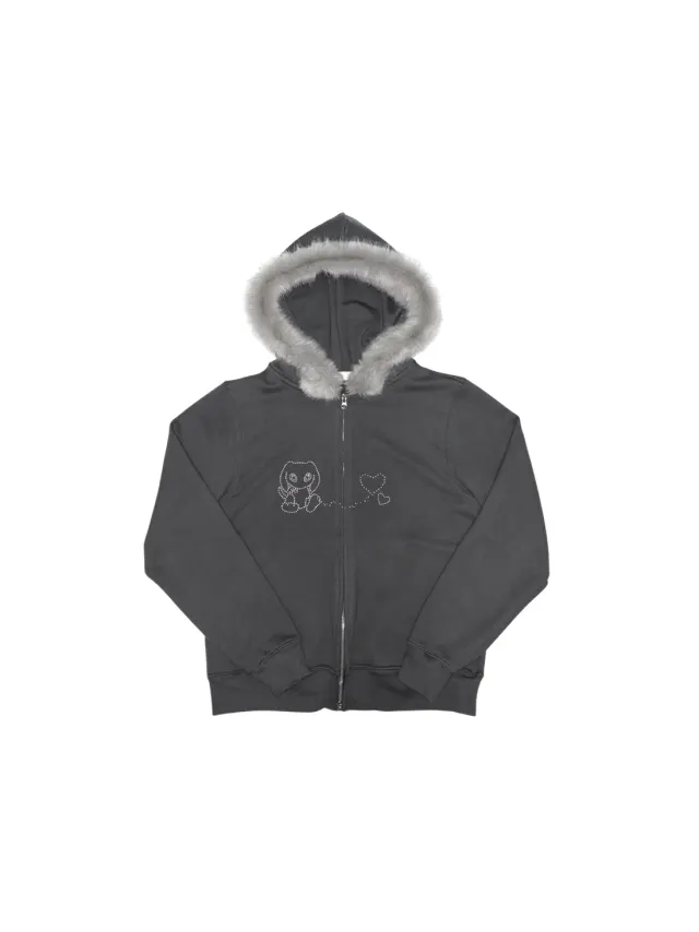 PORI’S LOVE (SET UP) FUR HOOD ZIP-UP - CHARCOAL