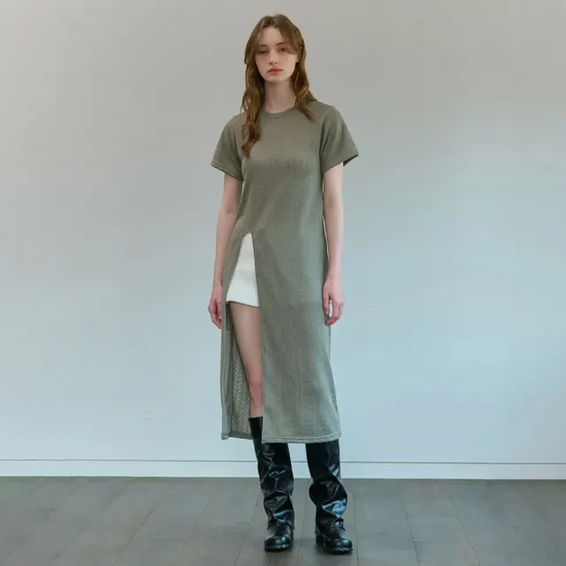 SLIT SUMMER LACE LONG KNIT ONE PIECE KHAKI