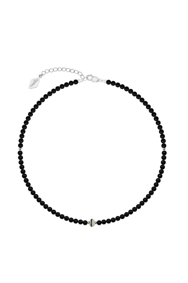 Round Bead Silver Necklace - Black