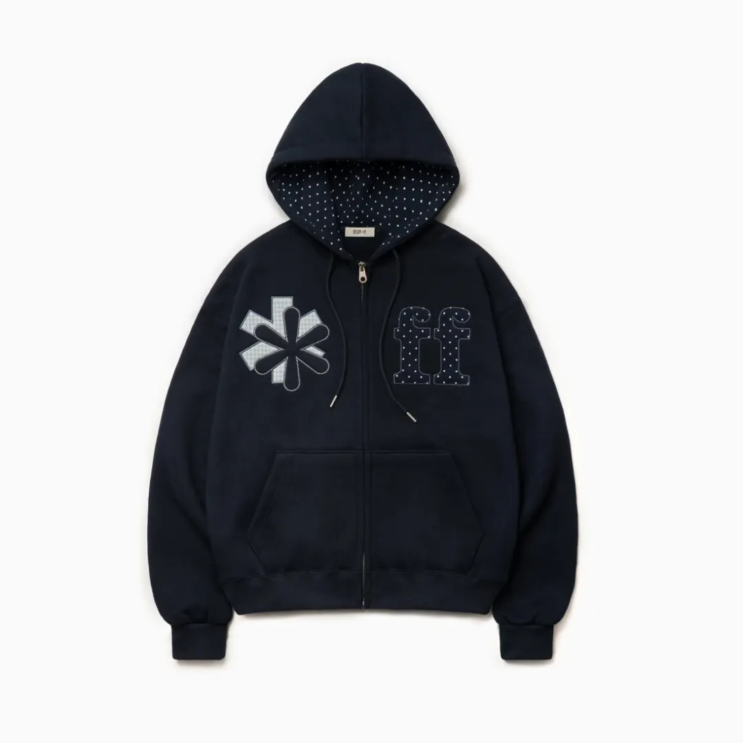PATCHWORK APPLIQUE HOOD ZIP-UP NAVY