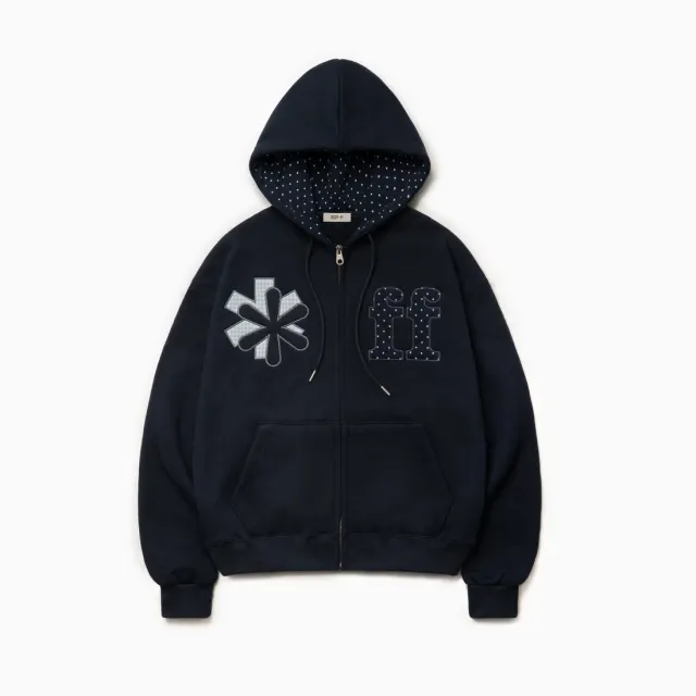 PATCHWORK APPLIQUE HOOD ZIP-UP NAVY