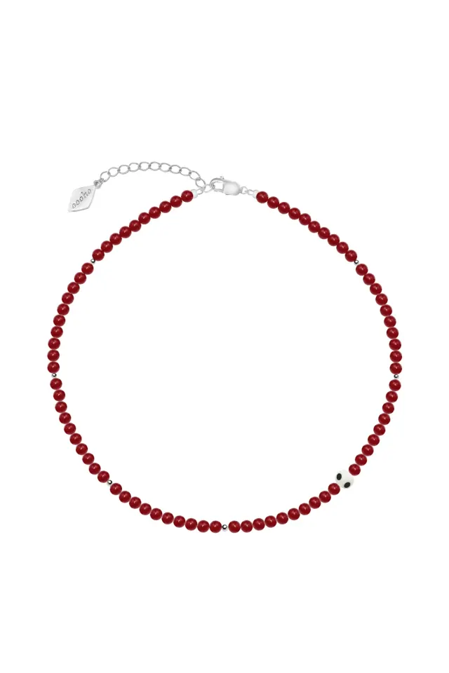 Round Bead Silver Necklace - Red