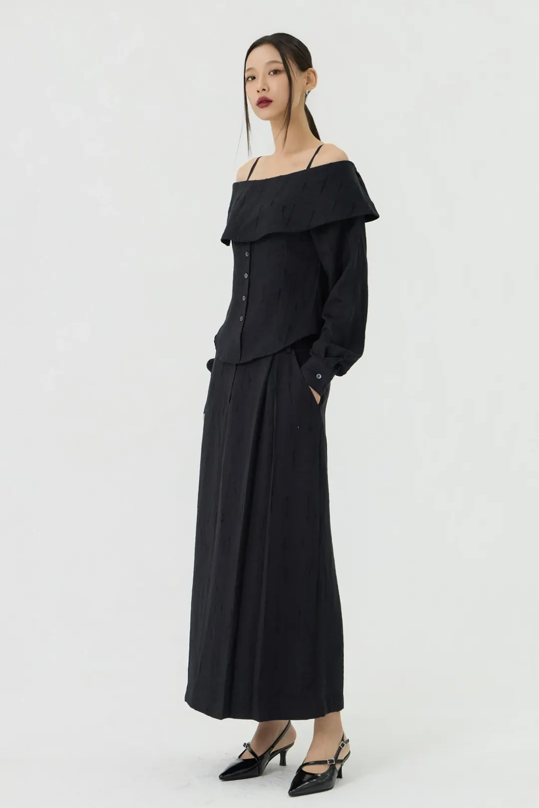 スクラッチ ローライズ ロングスカート - Black
