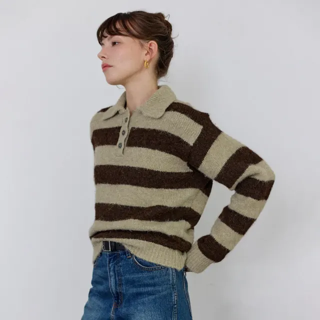 ストライプポロニット - Khaki brown