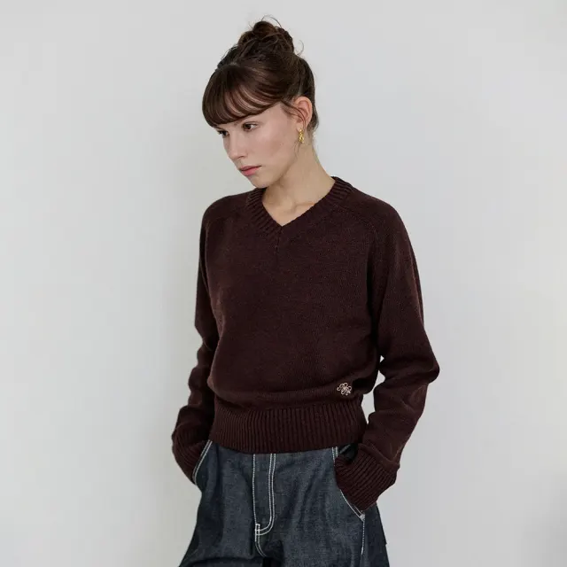 カシミヤブレンドVネックニット - Brown