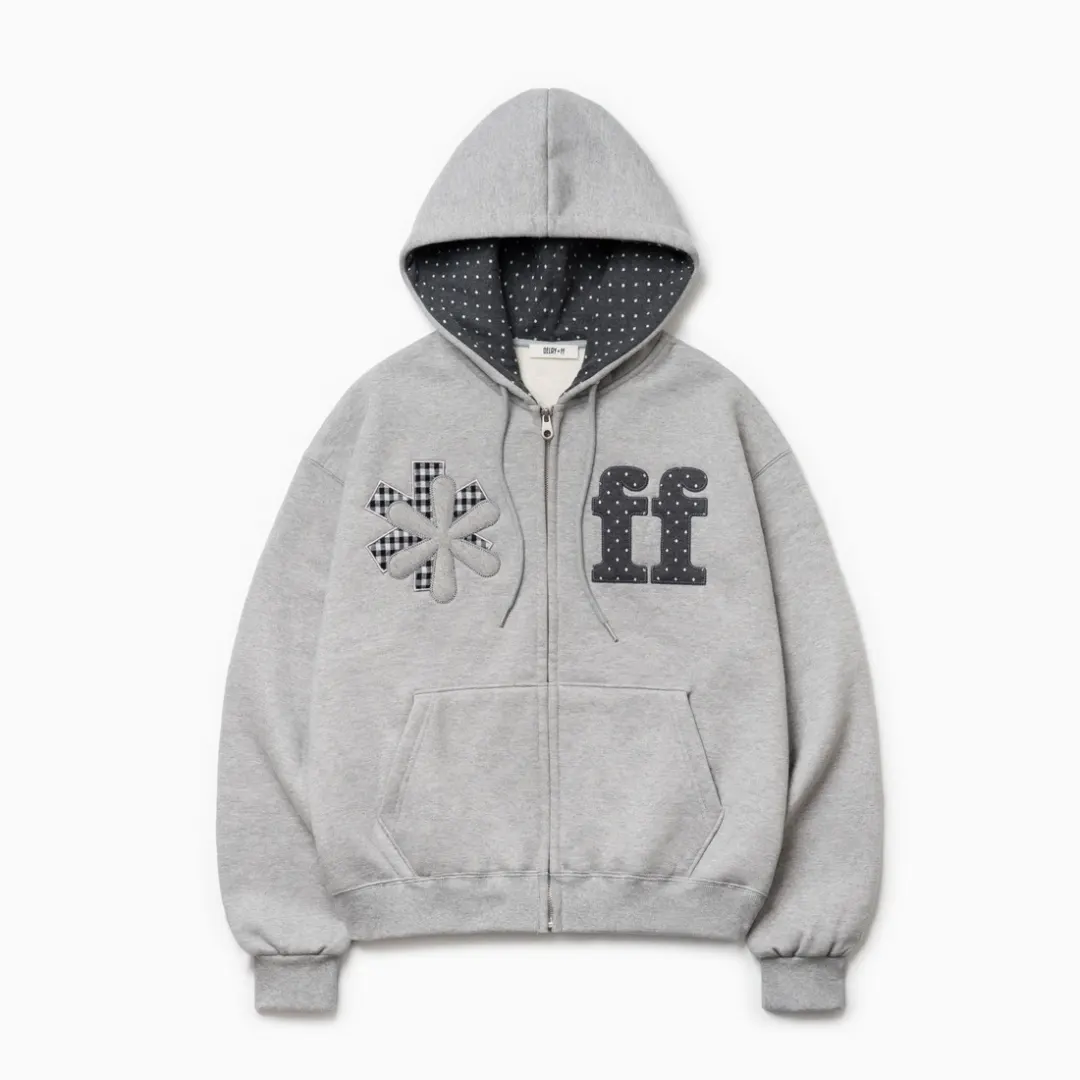 PATCHWORK APPLIQUE HOOD ZIP-UP GRAY