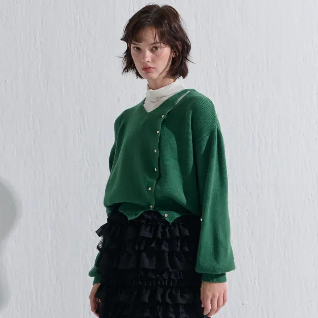 CUTTING V NECK KNIT CARDIGAN GREEN