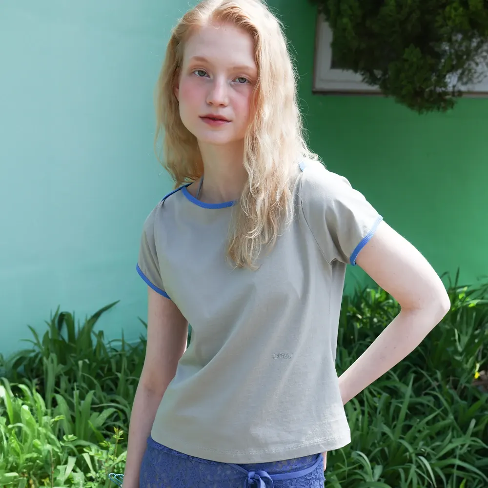 Contrast Boat-neck T-shirt - Light Khaki