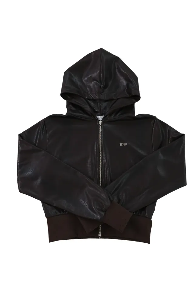 [ID] 2way Leather Logo Hood Zip-Up (Brown)