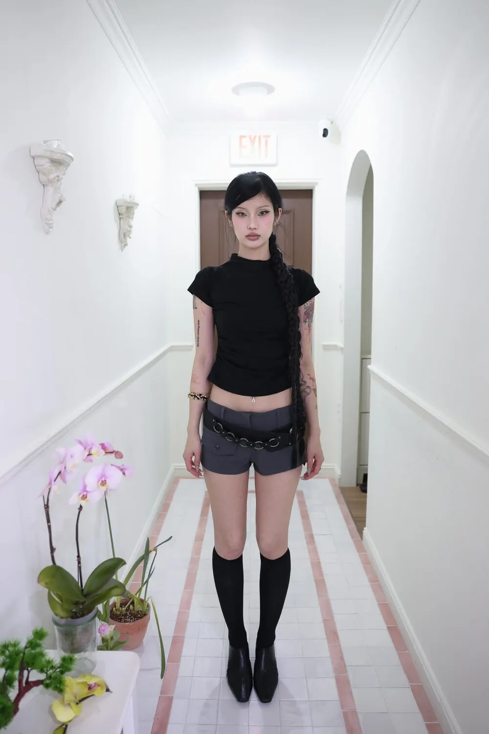[Pink orchid house] Half neck shirring T