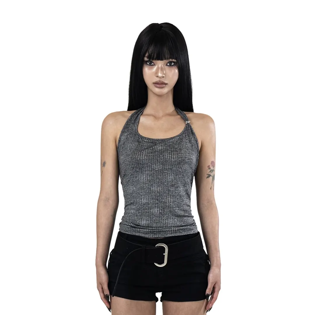 METALIC HALTER TOP CHARCOAL