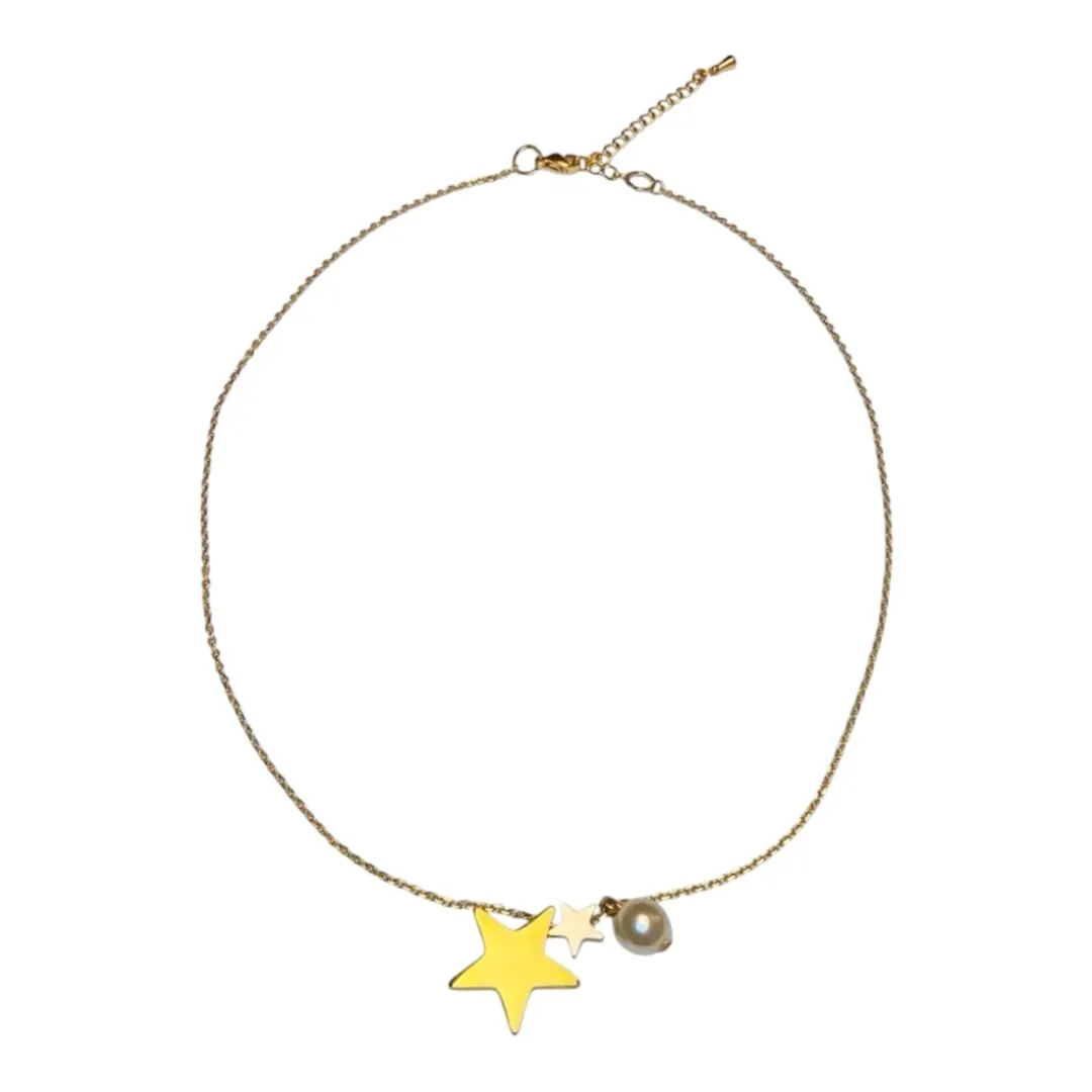 Star & Pearl Chain Necklace (Gold)