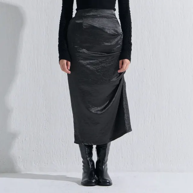 PIN TUCK SILK LONG SKIRT BLACK