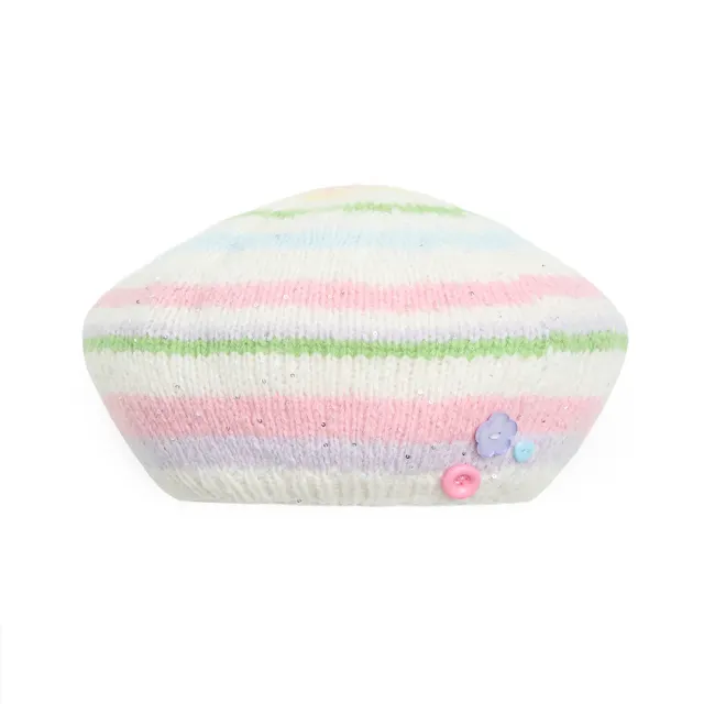 Stripe Button Knit Beret (Pastel)