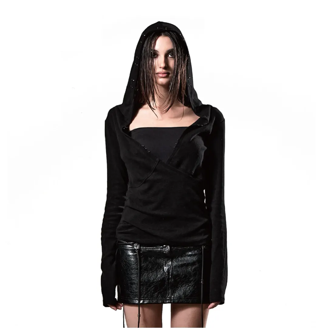 STUDDED HOOK 2-WAY HOODIE BLACK