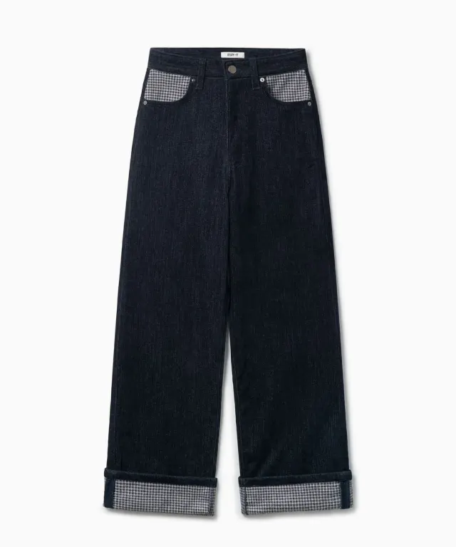 PEACH SKIN CHECK ROLL UP PANTS BLUE