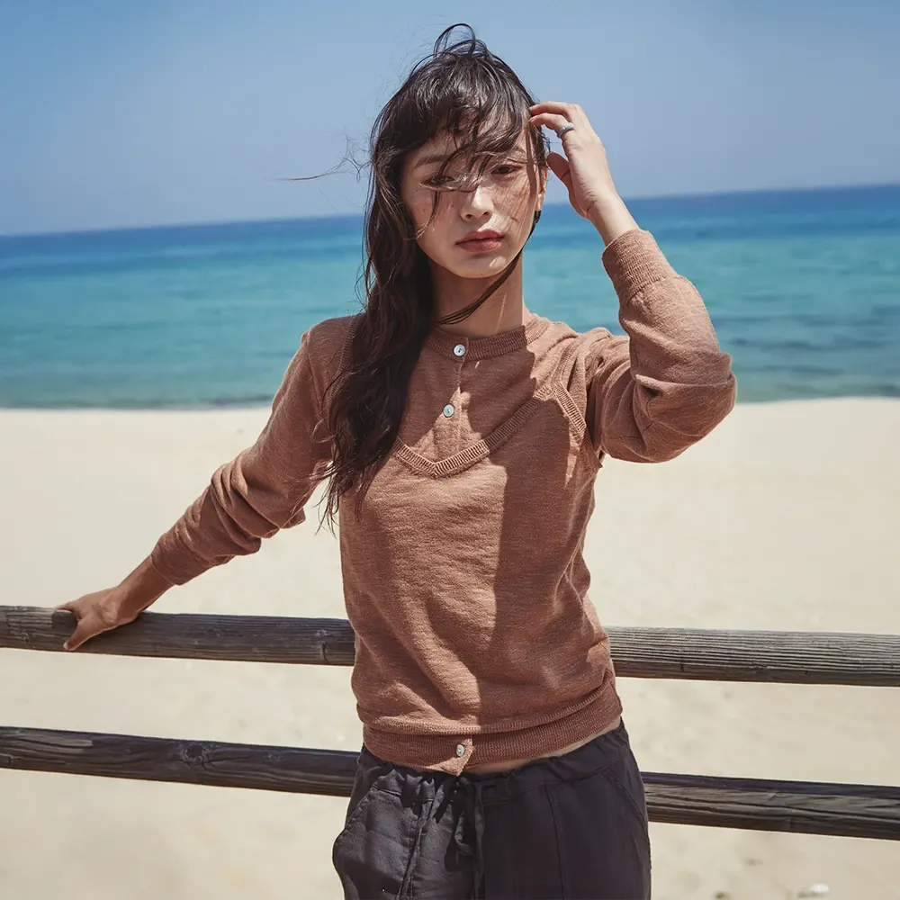 Pale Linen Cardigan/Sleeveless Set Camel