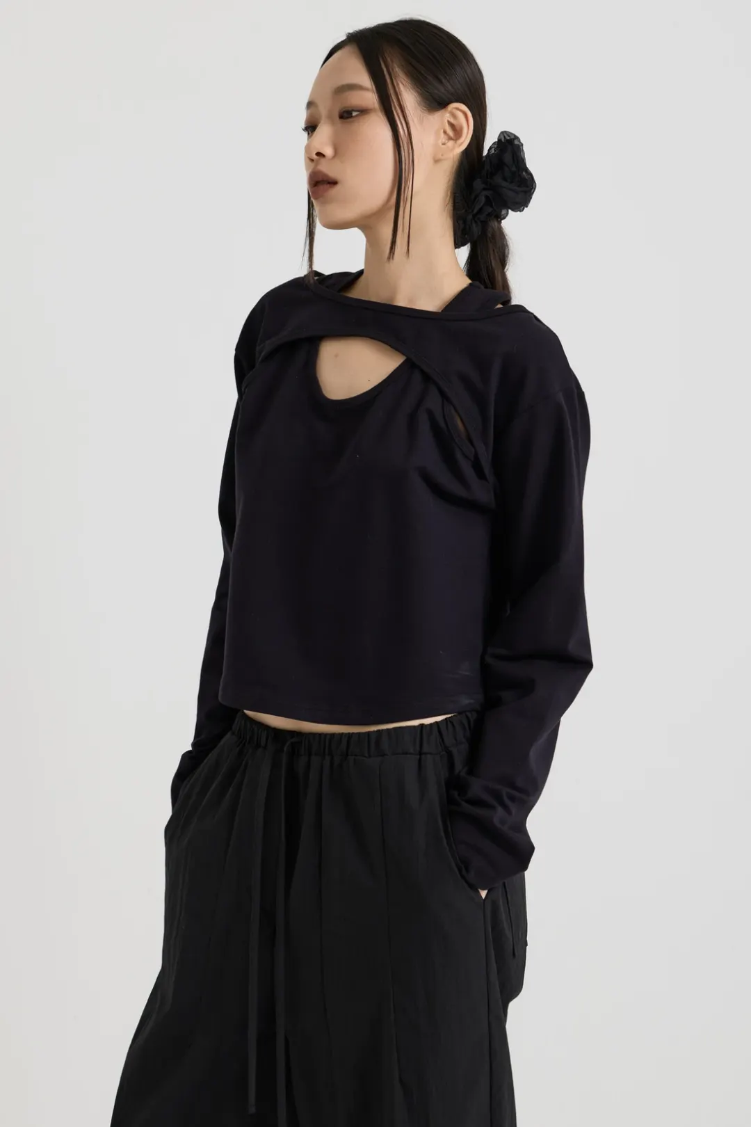 コットン レイヤード ロングスリーブTシャツ - Black