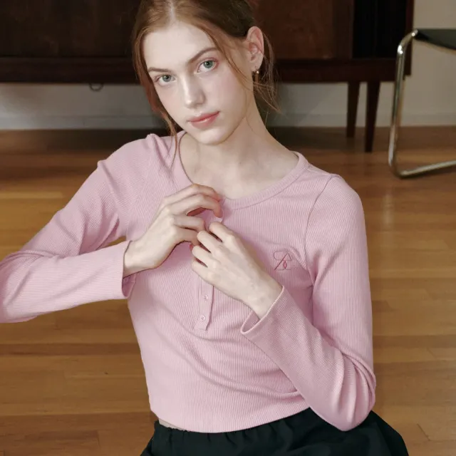ヘンリーネック 長袖Tシャツ - Pink