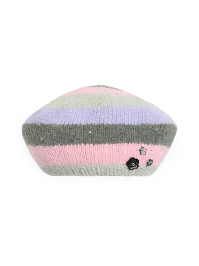 Stripe Button Knit Beret (Purple)