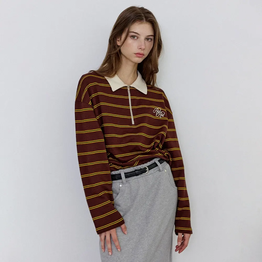 ストライプポロロングスリーブTシャツ - Brown